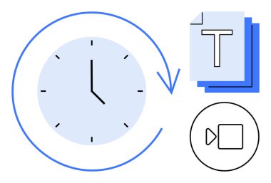 Dairesel ok, metin belgeleri ve video simgesi içeren saat zaman tasarrufu ve içerik oluşturma kavramlarını temsil eder. Üretkenlik, planlama, organizasyon, zaman yönetimi, içerik stratejisi için ideal