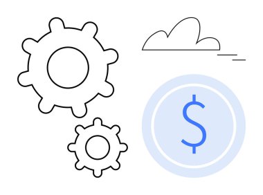 Verimliliği, yeniliği, finansmanı, teknolojiyi, geliri, bulut hizmetini ve ekonomik sistemleri sembolize eden bir dolar madeni para ve bulut ile bağlantılı dişliler. İş çözümleri için ideal teknoloji finansmanı