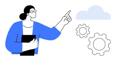 Bir klasör tutan ve bir bulut ve dişlilere işaret eden kişi, işbirliğini, teknolojiyi ve bulut çözümlerini temsil ediyor. Takım çalışması, yenilik, teknoloji, veri depolama ve planlama için ideal