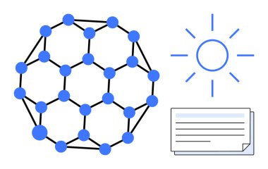 Mavi düğümler, parlayan güneş ve kağıt ile birbirine bağlı moleküler yapı araştırma, yenilik, enerji, bilim, bilgi, eğitim ve veri temalarını çağrıştırıyor. Gelecekçi enerji için ideal