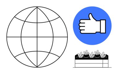 Küre tasarımı küresel ölçekte vurgulanırken, başparmak kaldırma simgesi onay veya pozitifliği temsil ediyor ve bahçe yatağı sürdürülebilir tarım öneriyor. Çevre bilinci, çevre kampanyaları, sosyal farkındalık için ideal