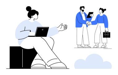 Bilgisayarda el sıkışan ve etkileşime giren iki profesyonel, bulut elementi üzerinde çalışan biri. Takım çalışması, iş iletişimi, ağ oluşturma, ortaklıklar, dijital çözümler için ideal