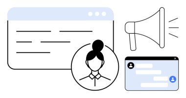Kullanıcı profili portresi, mesajlı web sayfaları, sohbet mesajları ve sosyal yardım için megafon. İletişim, pazarlama, kullanıcı desteği, takım çalışması, teknoloji ağı sade iniş sayfası için ideal