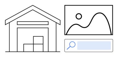Arama çubuğu ve resim küçük resminin yanında istiflenmiş kutular olan depo yapısı. Lojistik, depolama, ecommerce, envanter, arama motorları, dijital platformlar, basit iniş sayfası için ideal