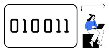 Binary code displayed with a seated programmer using laptop, exploring coding, programming, and technology. Ideal for software development, computer science, data analysis, IT, innovation learning clipart svg vector 