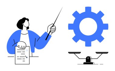 Vites ve denge ölçeği yakınında tek tek tutulan belge ve işaretçi. İş akışı, verimlilik, analiz, süreç, denge, yönetim, karar verme için ideal. Basit düz metafor