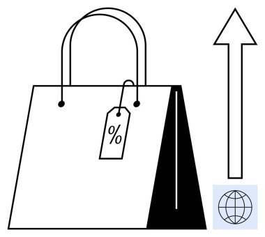 Yüzdelik etiketli alışveriş torbası ve aşağıdan yukarı ok küresi simgesi. Perakende, e-ticaret, satış büyümesi, indirimler, küresel pazar, çevrimiçi alışveriş, tüketici eğilimleri için ideal. Basit düz metafor