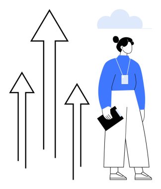 Tablet tutan iş kadını, kariyer gelişimini, fırsatları ve ilerlemeyi simgeleyen yukarı doğru ok atmayı simgeliyor. İş için ideal, motivasyon, başarı, liderlik, yenilik stratejisi basit