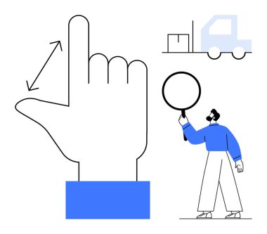 Büyük el hareketi yön bulma, büyüteçle inceleme yapan kişi, kargo taşıyan kamyon. İkmal zinciri, lojistik, teslimat takibi, envanter yönetimi ve sevkiyat için ideal