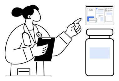 Tıbbi uzman panoyu tutarken ilaç şişesinin yanında reçeteli verileri gösteriyor. Sağlık, teletıp, teknoloji, eczane, dijital araçlar ve hasta için ideal