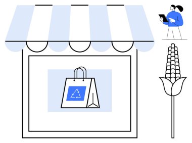 Çizgili tenteli, alışveriş poşetinde geri dönüşüm sembolü mısır bitkisi ikonu ve tabletli bir insan olan bir vitrin. Perakende satış, sürdürülebilirlik, çevre, e-ticaret, yerel iş teknolojisi için ideal