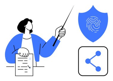 Sunucu veri güvenliğini vurgulanmış bir parmak izi kalkanıyla ve paylaşım simgesiyle açıklıyor. Siber güvenlik, veri koruması, gizlilik politikaları, bilişim eğitimi, teknoloji sunumları, güvenli ağlar için ideal