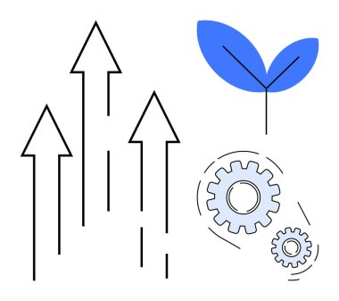Yukarı doğru oklar, dişliler ve minimalist bir yaprak büyümeyi, yeniliği, ilerlemeyi ve sürdürülebilirliği sembolize eder. İş stratejisi, verimlilik, çevre dostu hedefler geliştirmek için ideal