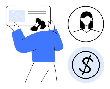 İçerik çerçevesini profil ve dolar işaretleriyle tutan adam kullanıcı yönetimi, finans ve dijital etkileşimi öneriyor. İş, pazarlama, profil, çevrimiçi hizmetler, finans ve takım oluşturma için ideal