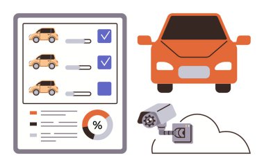 Birden fazla arabası olan kontrol listesi, turuncu araba ikonu, güvenlik kamerası ve bir bulut. Filo yönetimi, araba kiralama, araç takibi, güvenlik, büyük veri akıllı ulaşım ve teknoloji için ideal