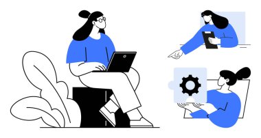 Dizüstü bilgisayarda çalışan bir kadın, belgelerle fikirleri paylaşan, bulmaca parçalarını elinde tutan bir kadın. Takım çalışması için ideal, üretkenlik, yaratıcılık, strateji, eğitim, teknoloji sade iniş sayfası