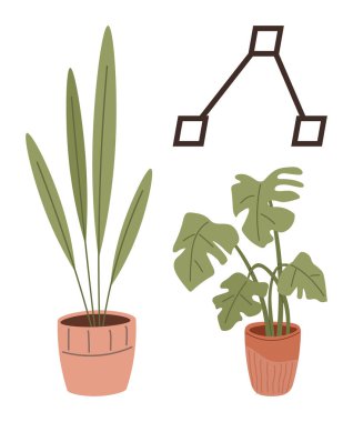 Geometrik duvar dekorunun yanında basit saksılarda iki yeşil bitki. Minimalizm, ev dekorasyonu, sürdürülebilirlik, huzurlu yaşam, modern sanat, doğa, basit düz metafor