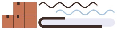Dalgalı çizgilerin yanında istiflenmiş karton kutular, hareketi, tedarik zincirini, depolamayı ve lojistik yönetimi sembolize ediyor. Teslimat, ambalaj, sevkiyat, ulaşım siparişi için ideal