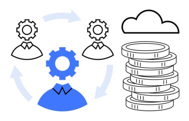 Oklar, bulut teknolojisi ve istiflenmiş paralarla çevrili üç dişli takım ikonu. Takım çalışması, bulut, finans, üretkenlik, otomasyon süreci geliştirme için ideal dijital çözümler. Basit.