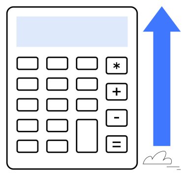 Hesaplamayı, analitiği, finansal büyümeyi ve planlamayı temsil eden yukarı doğru bir okun yanında hesap makinesi. Finans, iş, muhasebe, eğitim, strateji girişimciliği için ideal ve basit