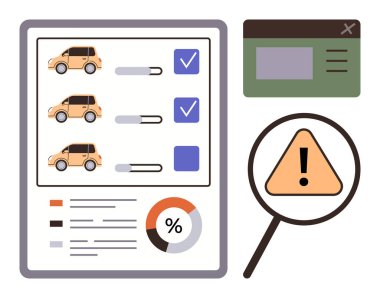 Araç kontrol listesi arabaları ve ilerleme çubuklarını gösteriyor, uyarı üçgeni büyütüldü ve gösterge paneli penceresi. Güvenlik denetimi, kalite kontrolü, süreç izleme, risk yönetimi ve otomotiv için ideal