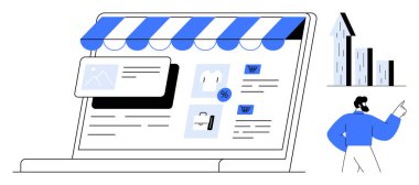 Mağaza önü dizaynlı dizüstü bilgisayar, ürün listeleri, indirimler ve araba simgeleri. Büyüme grafiğini gösteren karakter. E-ticaret, dijital pazarlama, analitik, perakende finansman girişimciliği için ideal