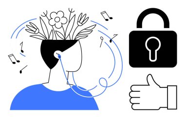 Kulaklık takan kişi, akıldan çiçek fışkıran, notalar, kilit sembolü, baş parmak işareti. Yaratıcılık, farkındalık, akıl sağlığı, mahremiyet pozitifliği için ideal müzik terapisi sade iniş