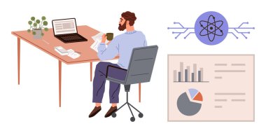 Bilim ve analitik görsellerle çevrili, kağıt ve dizüstü bilgisayardaki çizelgeleri inceleyen bir profesyonel. Bilim, eğitim, analitik, veri, araştırma, iş yeniliği için idealdir. Basit.