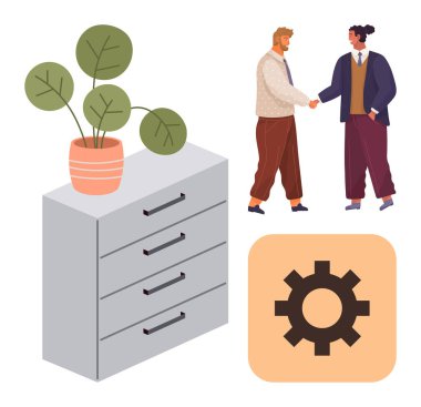 El sıkışan iki kişi, saksı bitkisi olan bir dosya dolabı ve işbirliği, organizasyon ve işlevselliği temsil eden bir vites sembolü. Takım çalışması, müzakere, yönetim ve iş için ideal