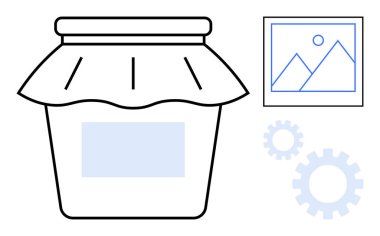 Kumaş kapaklı bir kavanoz, dağ manzaralı çerçeveli fotoğraf ve basit bir dairede muhafaza, yaratıcılık, organizasyon, planlama, süreç, üretkenlik ve verimliliği sembolize eden dişli elementler.
