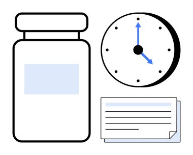 İlaç şişesi, oklu saat ve yapılandırılmış ilaç takvimlerini sembolize eden bir yığın kağıt. Sağlık, rutin planlama, zaman yönetimi, organizasyon, tıbbi rehberlik için ideal