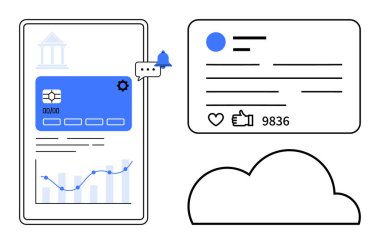 Bankacılık konsollu akıllı telefon ekranı, bildirim simgesi, sosyal medya istatistik paneli, bulut simgesi. Fintech, bankacılık, sosyal medya, bulut hizmetleri, analitik işleri için ideal basit iniş sayfası