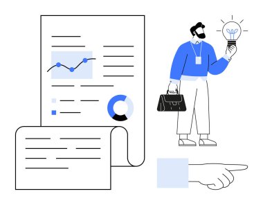 Elinde parlak bir ampul tutan iş adamı, analiz raporları ve el işaretleri ile rapor veriyor. Yenilik, strateji, veri analizi, beyin fırtınası, liderlik, basit bir daire planlama için ideal