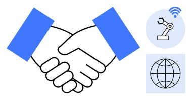 İki el titriyor, robotik kol ve dünya. Ortaklık, teknoloji entegrasyonu, otomasyon, küresel takım çalışması, yenilik dijital dönüşüm iş büyümesi için idealdir. Basit düz metafor
