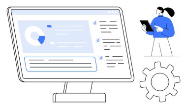 Profesyonel tablet ve vites simgesiyle pasta grafiği, analiz ve görev listesi gösteren bilgisayar ekranı. Takım çalışması, iş akışı, teknoloji, analiz, yönetim, kullanıcı arayüzü basit iniş için ideal