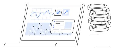Çizelgeler, veri analizleri ve para yığınının yanında büyüme raporları içeren dizüstü bilgisayar ekranı. Finans, analitik, yatırım, refah yönetimi, ekonomik büyüme, bütçe ve planlama için ideal
