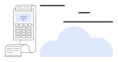 İnternet alışverişini sembolize eden bulut elemanının yanında fatura ve kablosuz sinyal göstergesiyle ödeme terminali. Fintech, e-ticaret, dijital ödeme, bulut hesaplama, perakende için ideal