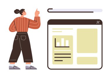 Geniş, açık bir web tarayıcı arayüzünü işaret eden kadın çizelgeler ve metinlerle. Kullanıcı deneyimi, web gelişimi, analitik, eğitim, pazarlama, dijital strateji yeniliği için idealdir. Çok yönlü düz