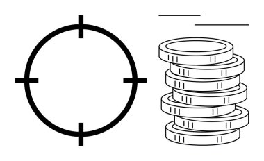 Yığınla madeni paranın yanındaki Crosshair sembolü mali odaklanma, hedef belirleme, yatırım stratejileri ve ekonomik planlamayı temsil ediyor. İş, finans, tasarruf, kesinlik, hedef alma için ideal