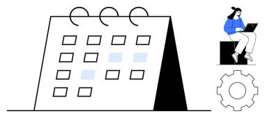 İşaretli tarihli büyük masa takvimi, işlem için vites simgesi ve dizüstü bilgisayarda çalışan kişi. Zaman yönetimi, zamanlama, organizasyon, iş akışı, planlama, üretkenlik takım çalışması için ideal