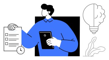 Elinde tablet ve saat ve ampullü kontrol listesi tutan adam. Üretkenlik, planlama, zaman yönetimi, yenilik, organizasyon, hedef belirleme, motivasyon için idealdir. Temiz, düz metafor