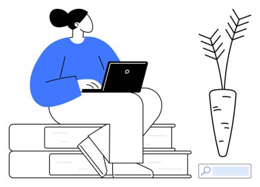 Dizüstü bilgisayarda çalışan, uzun yapraklı bir bitkinin yanında kitap istiflemiş bir kadın. Eğitim, üretkenlik, uzak çalışma, odaklanma, basitlik, büyüme, modern tasarım için ideal