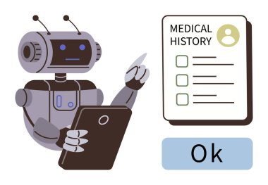 Robot tıbbi geçmişi inceliyor, elinde tabletle verilere işaret ediyor, sonuçları doğruluyor. Sağlık hizmetleri yapay zekası, tıbbi analiz, tıp teknolojisi, otomasyon, veri işleme için ideal