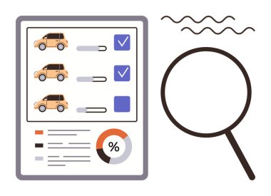 Kaydırma çubukları, kontrol kutuları ve istatistik analizi için pasta tablosu olan araç seçimi listesi. Büyüteç araştırma ve değerlendirmeyi sembolize eder. Karar verme, karşılaştırma, veri için ideal