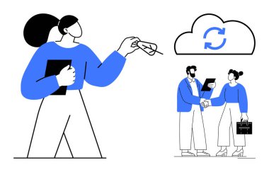 Meslektaşlar el sıkışıyor, cihazları tutuyor ve dosyaları tazelenmiş bir bulutla senkronize ediyor. Takım çalışması, teknoloji, ağ, dosya paylaşımı, iş stratejisi, çevrimiçi işbirliği için ideal