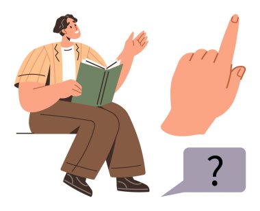 Adam el kol hareketi yaparken kitap okuyor, parmağını kaldırıyor ve soru baloncuğu yapıyor. Merakın, eğitimin, tartışmanın, öğrenmenin, problem çözmenin, karar verme sürecinin ideali. Basit düz