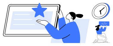 Büyük bir tabletten yıldız seçen bir kadın dizüstü bilgisayarda kod yazan bir geliştirici ve zaman yönetimini gösteren bir saat. Takım çalışması, kodlama, tasarım, yaratıcılık, üretkenlik, kullanıcı etkileşimi için ideal basit