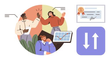 Ekip beyin fırtınası yapıyor, başarıları kutluyor. Başarıyı simgeleyen sertifika, büyümeyi gösteren çizelge ve değiş tokuş için dikey oklar. Takım çalışması, eğitim ve strateji için ideal