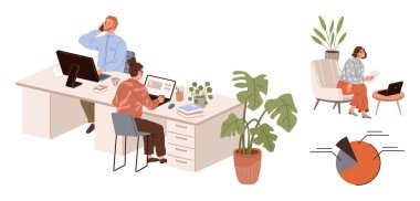 Ekip bilgisayarlı masalarda çalışıyor, uzaktan kumandalı bilgisayar, turta grafiği, saksı bitkileri. İş için ideal, takım çalışması, uzaktan kumanda, teknoloji iletişim veri analizi çalışma akışı. Basit düz