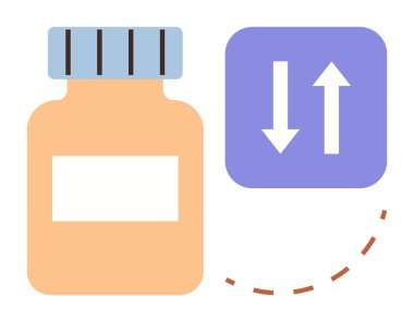 Üzerinde boş etiket ve iki ok olan reçete şişesi dozajın arttığını ya da azaldığını gösteriyor. Eczane, sağlık hizmetleri, talimatlar, ilaç yönetimi, hasta iletişimi, tedavi için ideal